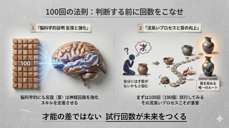 脳科学的に見た「100回の法則」。反復(量)が神経回路を強化し、スキルを定着させる泥臭いプロセスこそが成長の唯一のルートであることを示す画像。