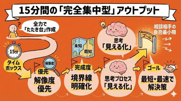 アイキャッチ画像:15分間の集中でたたき台を作成し、思考プロセスを見える化することで相談相手の負担を最小限にする仕事術の図解