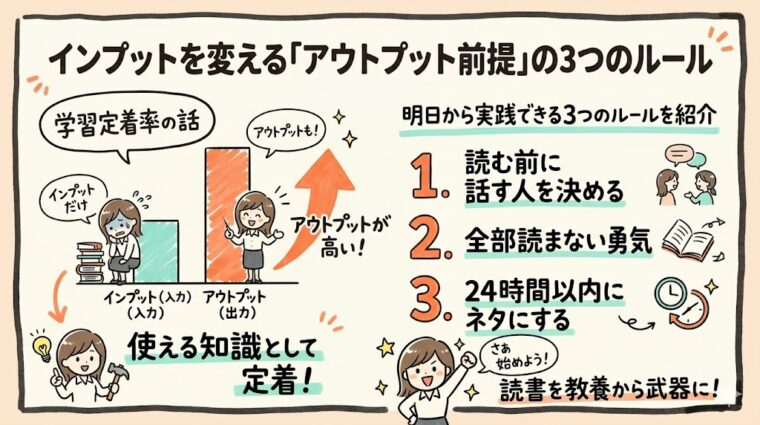 図解画像:インプットを「使える知識」として定着させるための、アウトプット前提の読書術(3つのルール)を紹介したインフォグラフィック画像