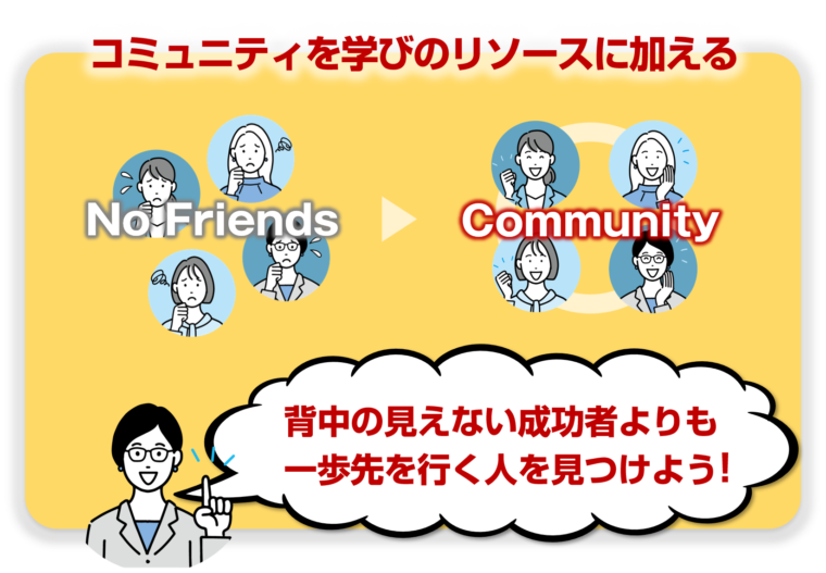 コミュニティを学びのリソースに加えるメリットを図解で解説／タイトル『【学び方のデザイン】キャリアアップ＆副業スキル：あなたにぴったりの学び方が見つかります』の記事中資料