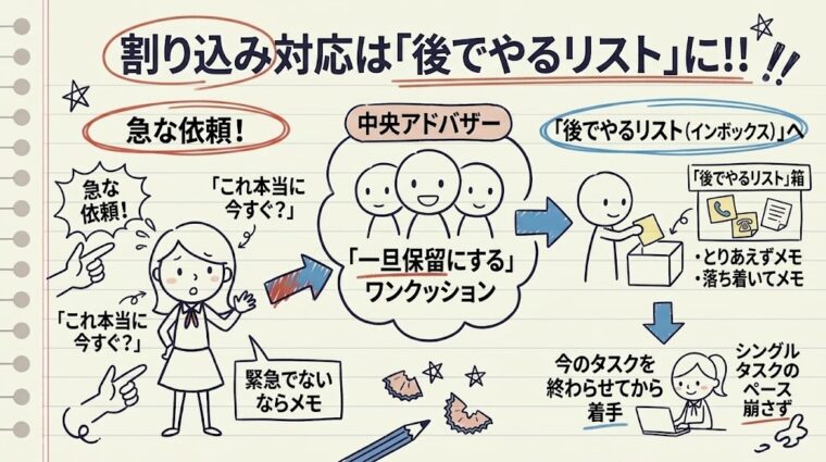 割り込み対応を一度「後でやるリスト」に保留しペースを崩さないコツを図解したイラスト