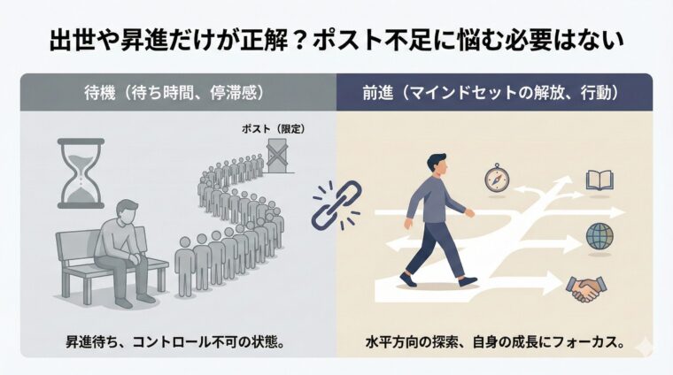 限られたポストを待つ「停滞状態」から脱却し、マインドセットを解放して自らの成長や水平方向の探索へと前進するキャリア観の変化を描いた比較画像