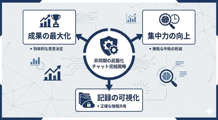 アイキャッチ画像:非同期コミュニケーションを活用して成果の最大化や集中力の向上を図る戦略を整理した図解
