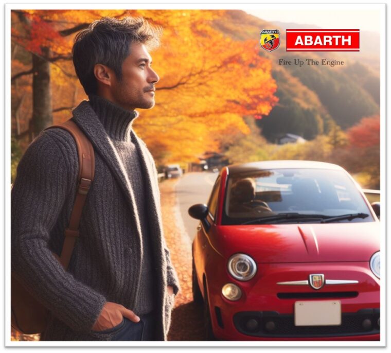 アイキャッチ画像：秋の紅葉の中、アバルト５００を路肩に止めて景色を楽しむ