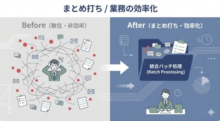 アイキャッチ画像:業務をまとめて処理する「まとめ打ち(バッチ処理)」による効率化の効果をBefore・Afterで比較した図解