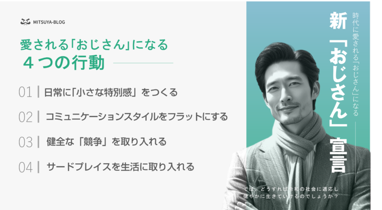 アイキャッチ画像:時代の愛されるための中高年の行動の仕方を整理した画像