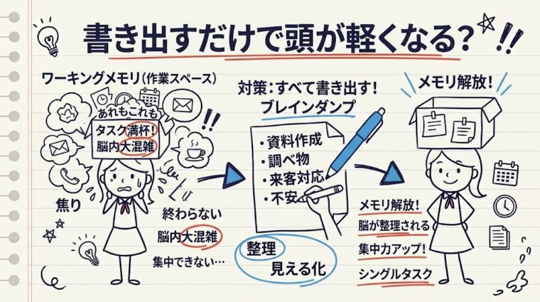 ブレインダンプで書き出すことでワーキングメモリが解放される仕組みを図解したイラスト