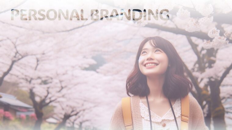 桜を見上げて微笑む女性の写真／「【若手社員必見】誰でもできるパーソナルブランディング：3つの習慣」の記事中資料