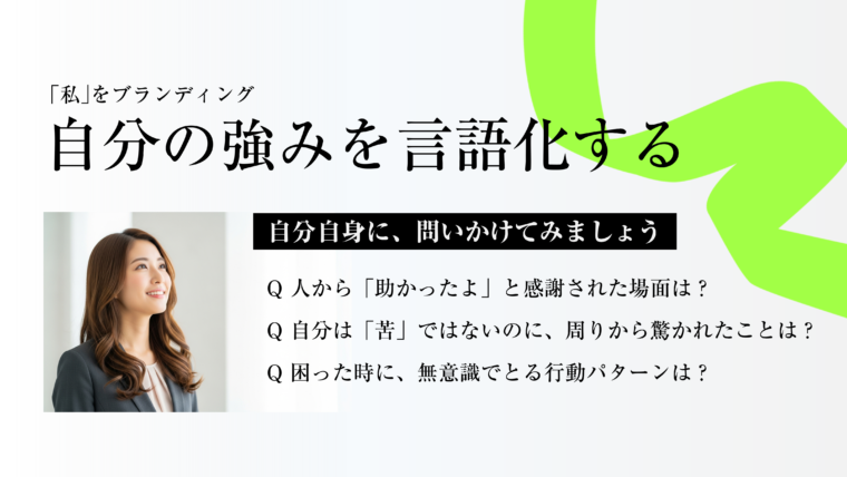 アイキャッチ画像：にこやかに上を見上げる女性ビジネスパーソンと、「『私』をブランディング 自分の強みを言語化する」というタイトル、そして「自分自身に、問いかけてみましょう」として「Q 人から『助かったよ』と感謝された場面は？」「Q 自分は『苦』ではないのに、周りから驚かれたことは？」「Q 困った時に、無意識でとる行動パターンは？」という質問例が書かれた画像。