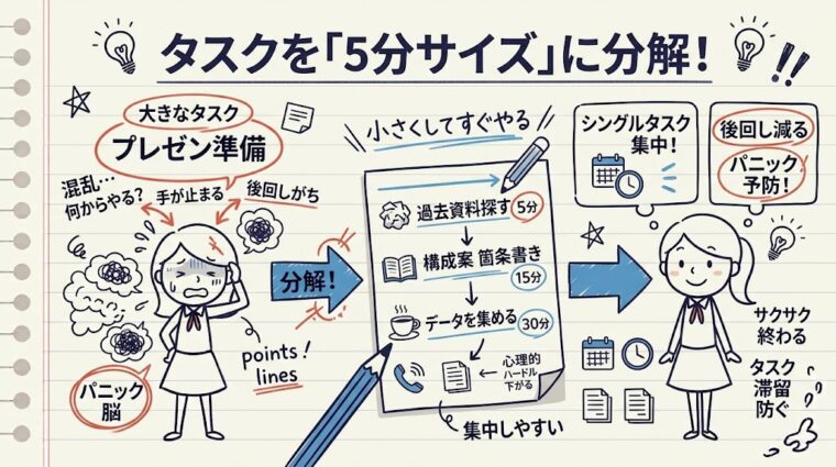 大きなタスクを5分サイズに細かく分解してパニックを防ぐコツを図解したイラスト
