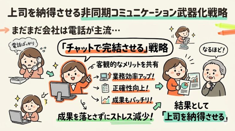 アイキャッチ画像:非同期コミュニケーションを活用して成果の最大化や集中力の向上を図る戦略を整理した図解