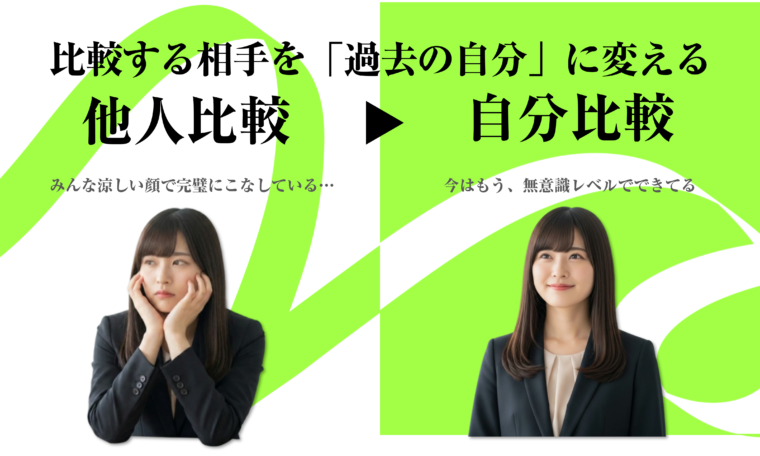 アイキャッチ画像：「他人比較」から「自分比較」へ比較対象を変えることを示す矢印と、比較で落ち込む女性（みんな涼しい顔で完璧にこなしている…）と自分比較で笑顔になる女性（今はもう、無意識レベルでできてる）の対比が描かれている画像。