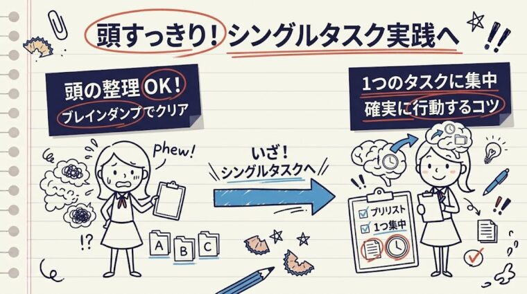 ブレインダンプで頭を整理し1つのタスクに集中するシングルタスクの実践方法を図解したイラスト