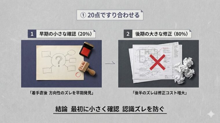 仕事の初期段階(20%)で方向性を確認し、後半の大きな修正コストや認識のズレを防ぐメリットを解説した比較画像