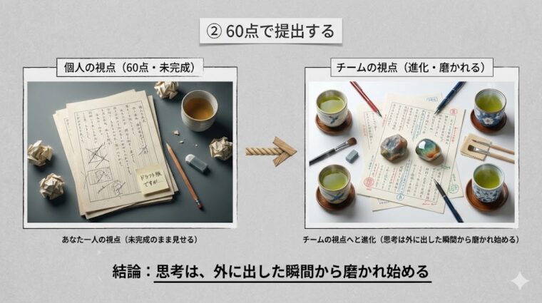 個人の視点(60%の未完成状態)で一度提出し、チームの視点を取り入れることで思考を磨き上げるプロセスを示した図解
