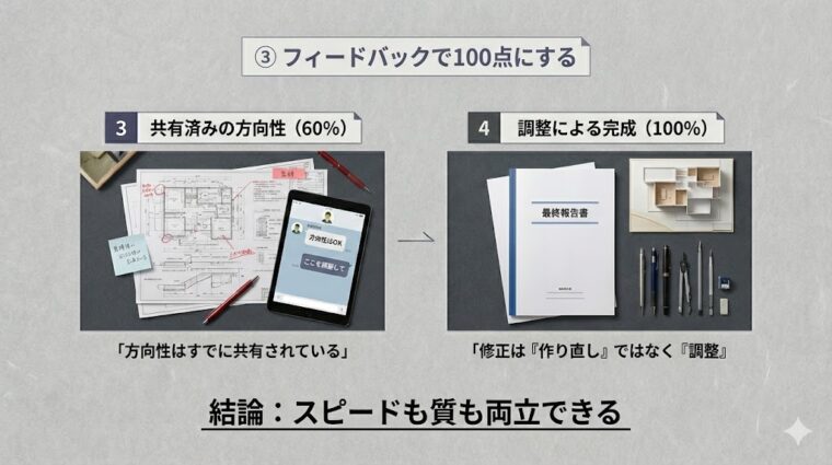 共有済みの方向性に基づき、フィードバックによる微調整で最終報告書を100%の完成度に仕上げるスピードと質の追求を解説した画像