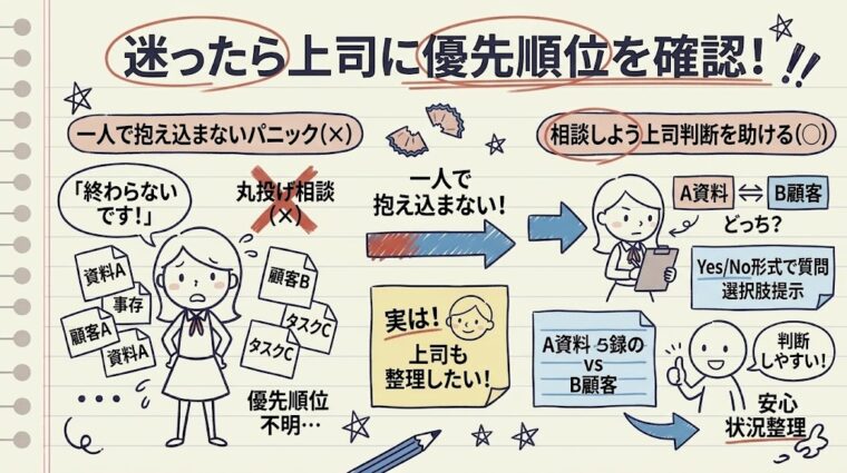 優先順位に迷った際に選択肢を提示して上司に相談する方法を図解したイラスト