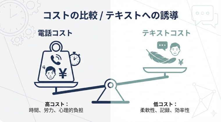 アイキャッチ画像:電話とテキストコミュニケーションにかかるコストや心理的負担の違いを天秤で比較した図解