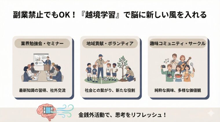 副業禁止の会社員でも可能な越境学習の具体例(業界勉強会、ボランティア、趣味のコミュニティ)を紹介し、金銭以外の活動で思考をリフレッシュすることを提案する図解画像