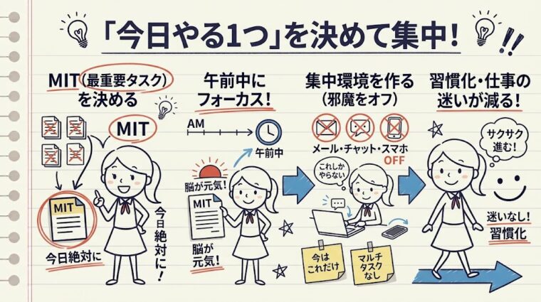 今日やる最重要タスク(MIT)を1つ決め午前中に集中して取り組む手順を図解したイラスト