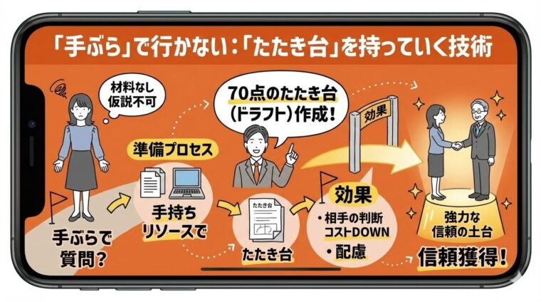 アイキャッチ画像:「手ぶら」で質問に行かず70点の「たたき台」を持参することで、相手の判断コストを下げ信頼を獲得する技術を解説した図解