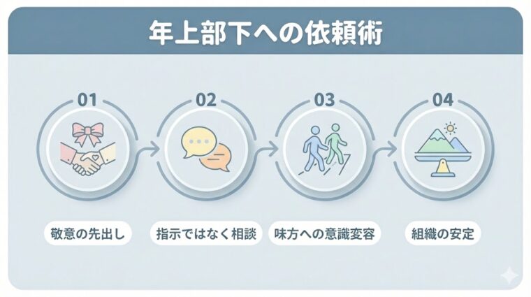 年上の部下に気持ちよく動いてもらうための4ステップ(敬意の先出し、指示から相談への変換、経験の尊重、協力体制の構築)の画像。