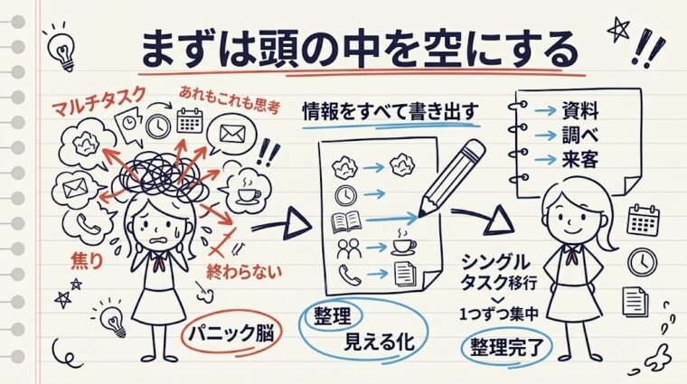 頭の中の情報をすべて書き出して見える化しシングルタスクへ移行する手順のイラスト