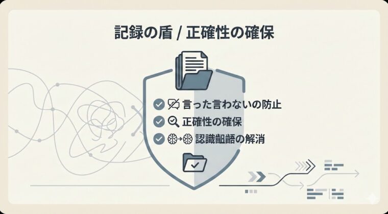 アイキャッチ画像:記録を残すことがトラブル防止や正確性の確保につながる「記録の盾」という概念を示した図解