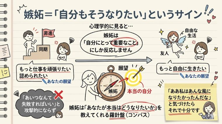 嫉妬というネガティブな感情を、思考の転換によって「自分もそうなりたい」というポジティブなサインに変える方法を示した図解画像