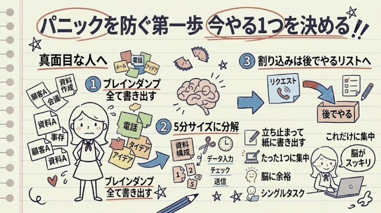 ブレインダンプ・タスク分解・割り込み保留の3ステップでパニックを防ぐ手順を図解したイラスト