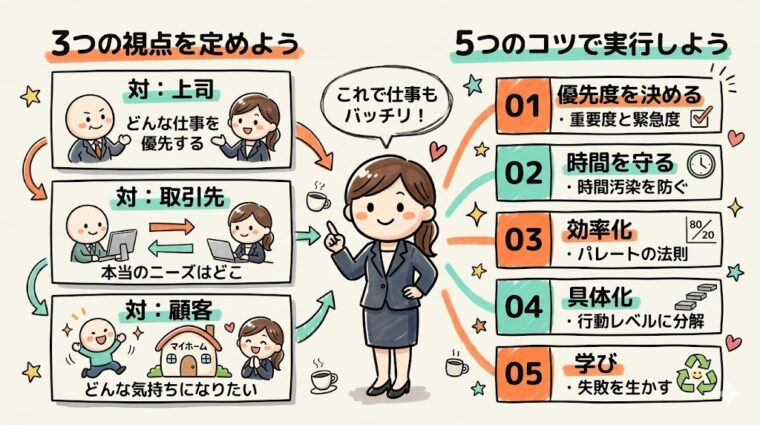 まとめ画像:対人関係の3つの視点と、優先度決定から失敗の活用まで仕事を円滑に進めるための5つのコツを一覧にした図解