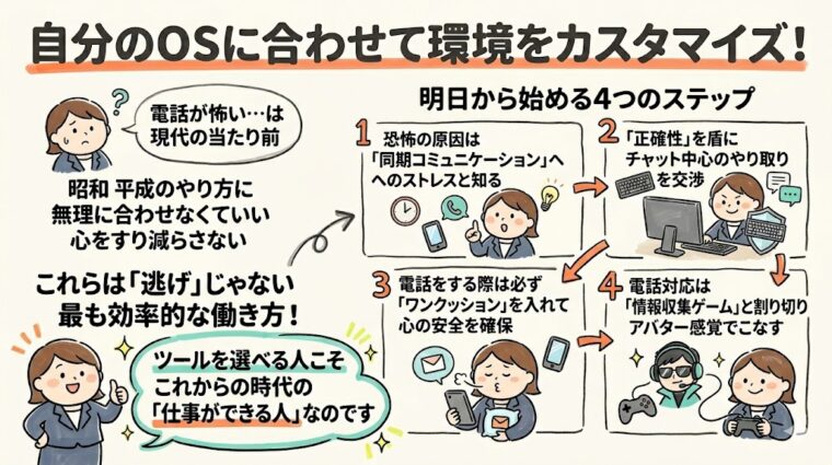 アイキャッチ画像:非同期ツールやフレックスタイムなどを組み合わせた現代の働き方と環境の最適化を示した図解