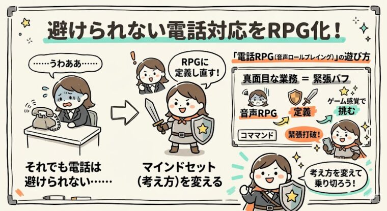 アイキャッチ画像:電話対応をRPGゲームのコマンド選択に見立て、メンタルを守りながら対応する方法を表現したイラスト