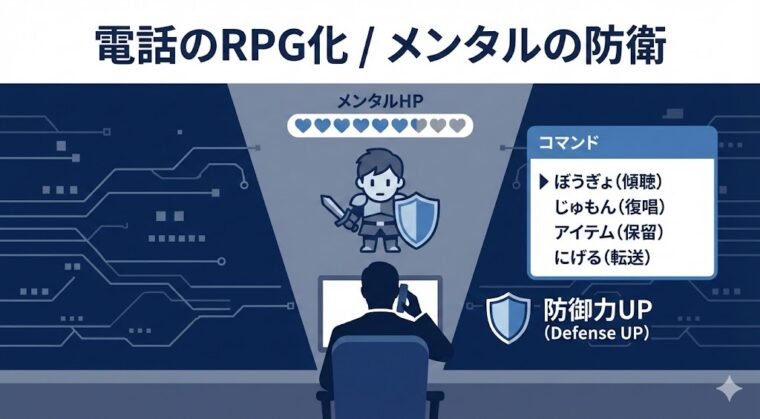 アイキャッチ画像:電話対応をRPGゲームのコマンド選択に見立て、メンタルを守りながら対応する方法を表現したイラスト