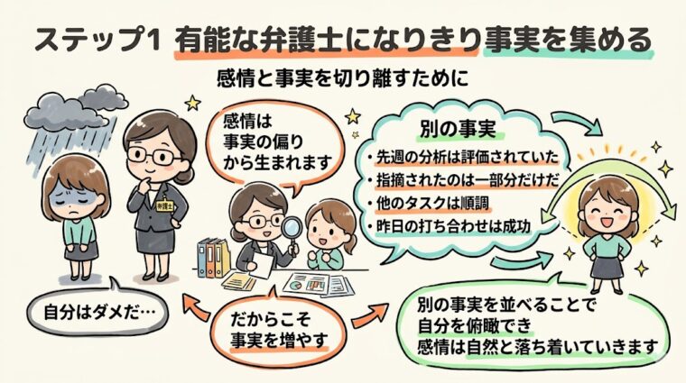解説画像:事実を客観的に集めて自分を俯瞰し、負の感情を鎮める「有能な弁護士なりきり法」の説明画像