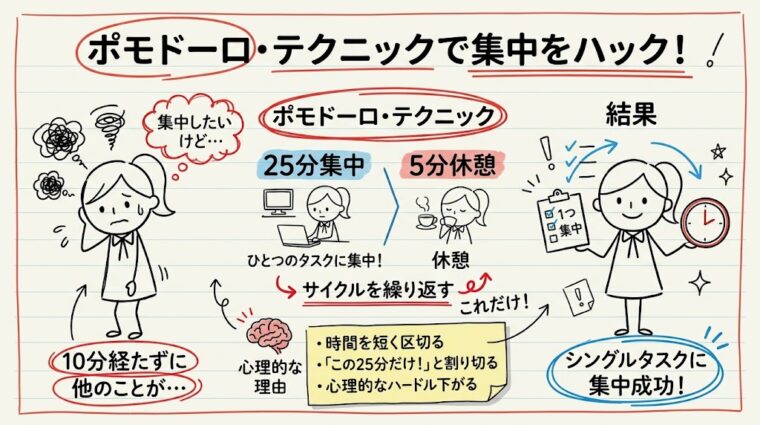 25分集中と5分休憩を繰り返すポモドーロ・テクニックで集中する手順を図解したイラスト