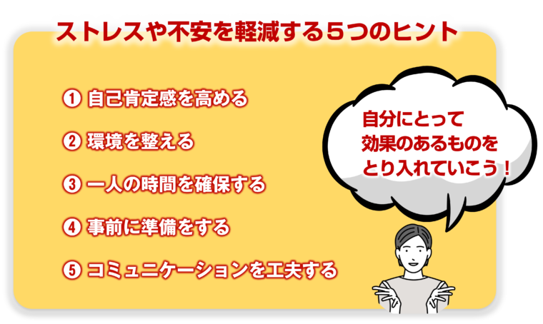 内向型のストレスや不安を軽減するための工夫を図解で解説/「静かに輝く！内向型が活躍するための働き方ガイド」の記事中資料