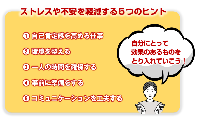 内向型のストレスや不安を軽減するための工夫を図解で解説/「静かに輝く！内向型が活躍するための働き方ガイド」の記事中資料