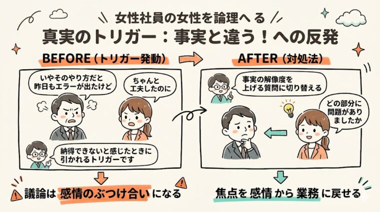 比較画像:「事実と違う」という反発を、感情的な議論から業務改善の質問へ変える対処法の図解画像
