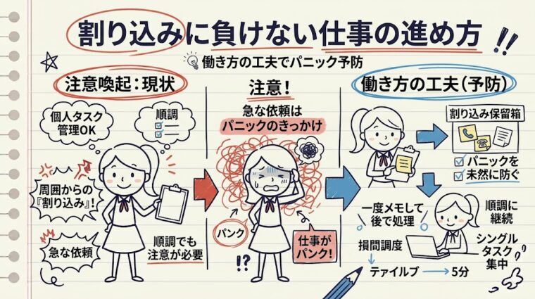 周囲からの割り込みや急な依頼をメモ・保留してパニックを防ぐ方法を図解したイラスト