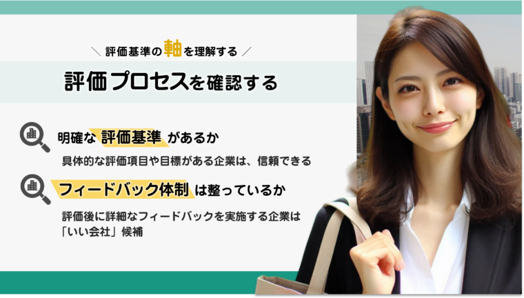 企業が従業員に行う評価プロセスのチェックポイントについて図解で解説