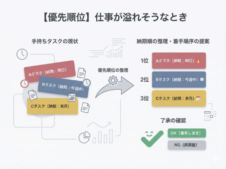 アイキャッチ画像:仕事が溢れそうな時に納期遅れを防ぐため、業務の優先順位を確認し承認を求める相談の手順を整理した図解
