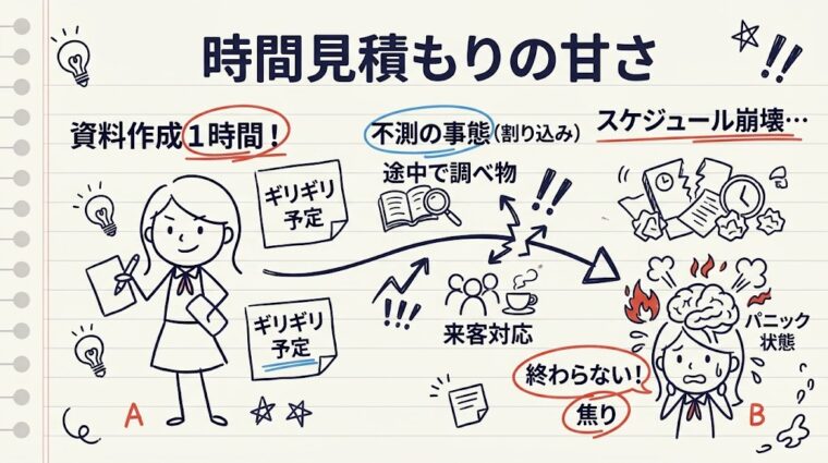 時間見積もりの甘さや不測の事態でスケジュールが崩壊する仕組みを図解したイラスト