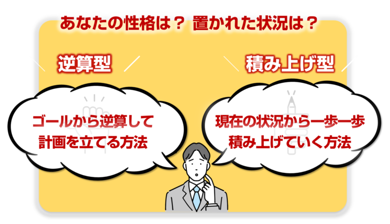 「逆算型」と｢積み上げ型」のアプローチを図解で解説／タイトル『【学び方のデザイン】キャリアアップ＆副業スキル：あなたにぴったりの学び方が見つかります』の記事中資料