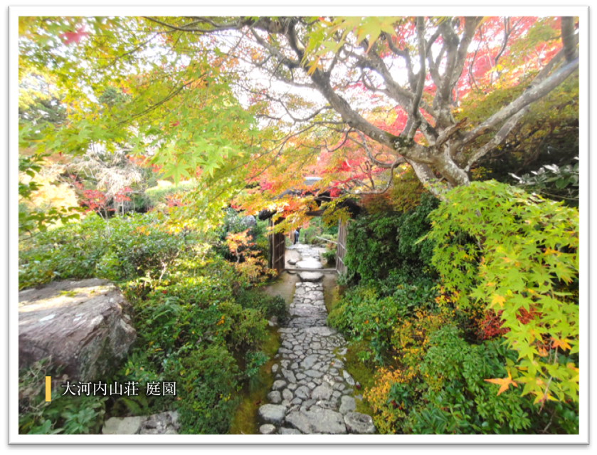紅葉に染まる京都の大河内山荘の庭園の写真