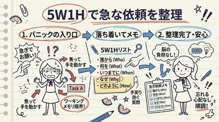 急な依頼を5W1Hで整理し手戻りを防ぐ手順を図解したイラスト