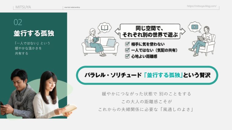アイキャッチ画像:熟年夫婦が同じ空間でそれぞれ別のことを楽しむ「パラレル・ソリチュード(並行する孤独)」という心地よい距離感を説明した画像