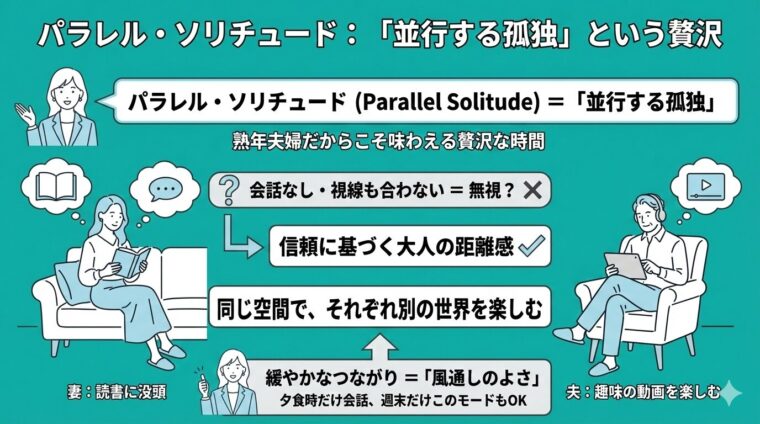 アイキャッチ画像:熟年夫婦が同じ空間でそれぞれ別のことを楽しむ「パラレル・ソリチュード(並行する孤独)」という心地よい距離感を説明した画像