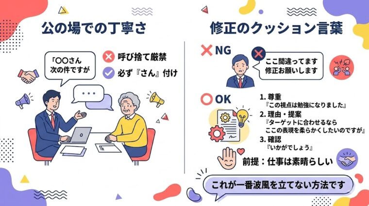 アイキャッチ画像:公の場での「さん」付けによる配慮と、修正時に活用すべきクッション言葉の効果について要点を整理した画像