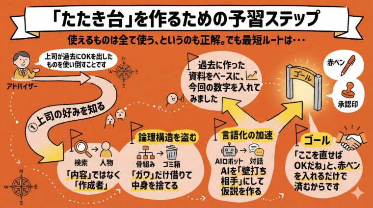 アイキャッチ画像:ゼロから作らず最短で「たたき台」を作成するために、過去の資料やAIなどのリソースをフル活用する準備手順を整理した図解